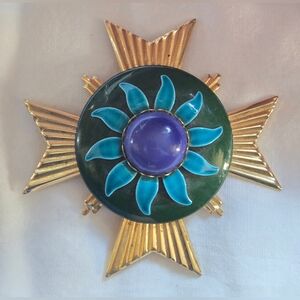 Vintage Mid Century Maltese Cross Brooch Pendant Metal Enamel Center Sun